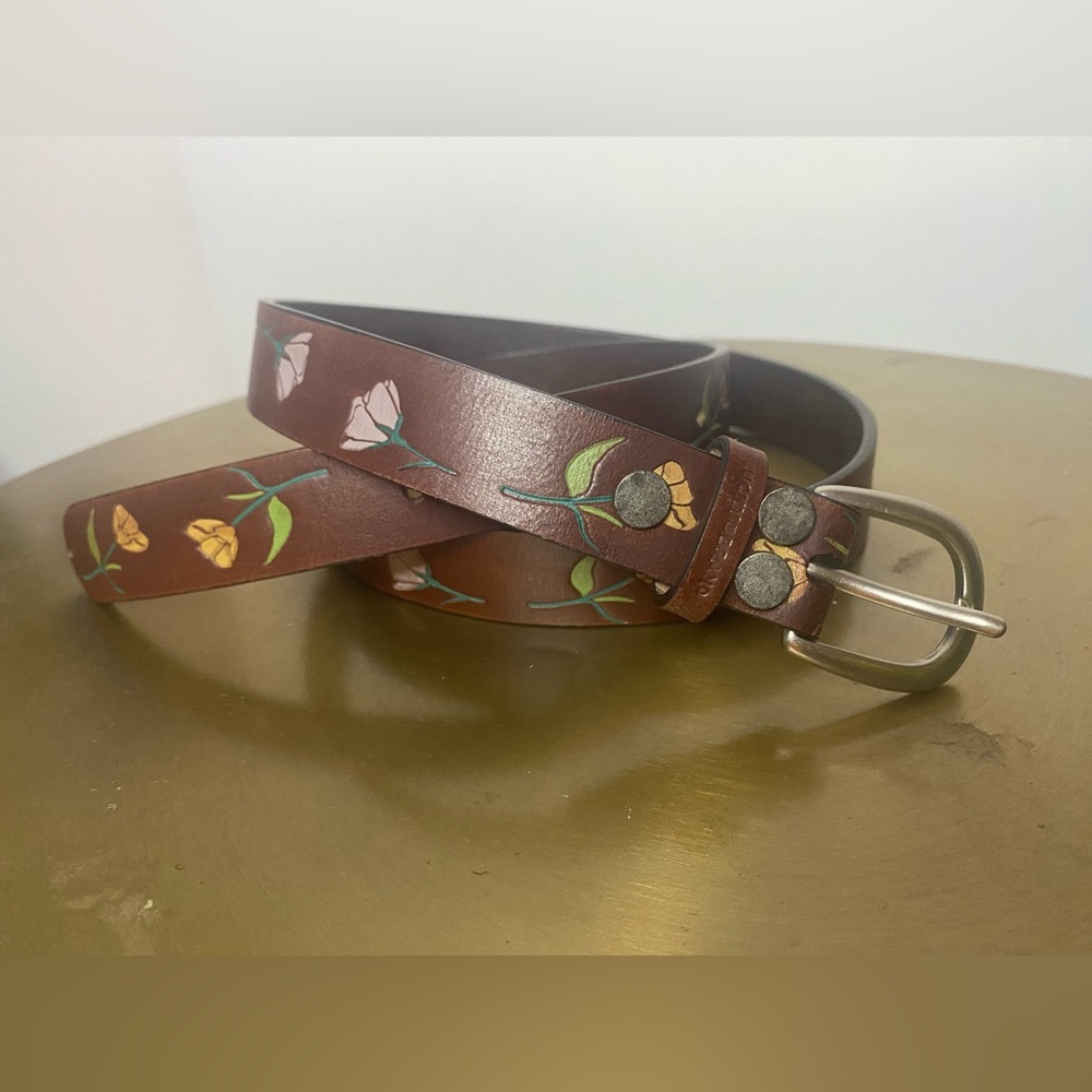 Lucky Brand Painted Floral Brown Leather Belt - sample size